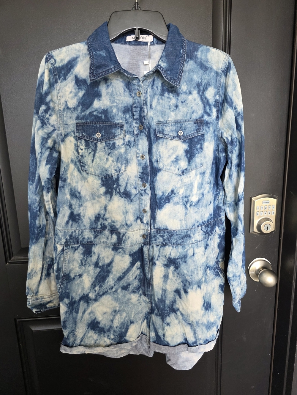 Mebon Women Tie Dye Denim Romper Blue Button Up Sz L Utility Style Long Sleeve